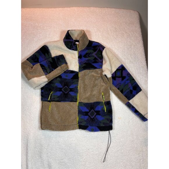 Urban Outfitters Sherpa Fleece Jacket With Aztec Pattern & Neon Zippers - Picture 1 of 16